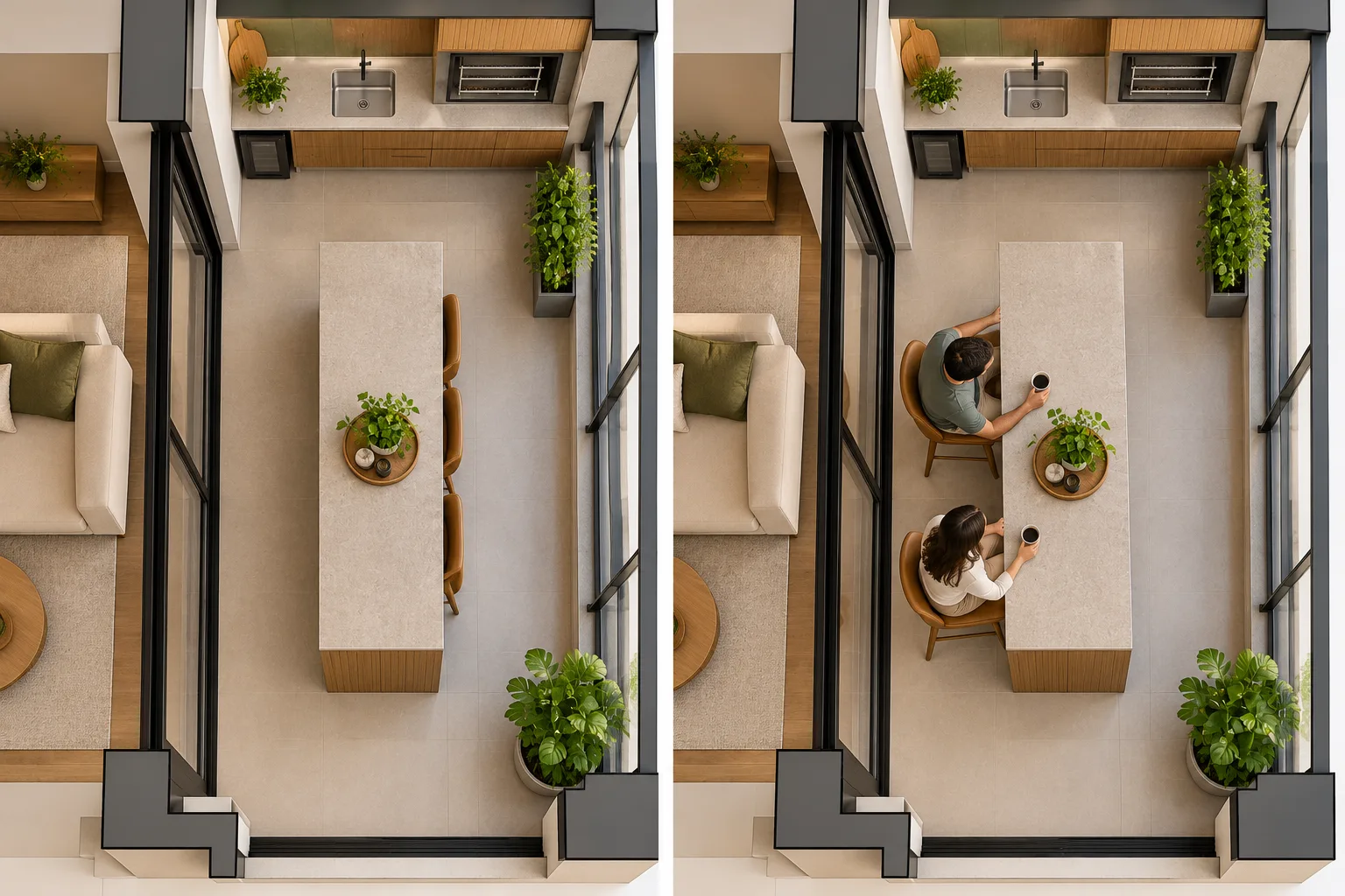 5 ideias de varanda gourmet que ficam lindas nas fotos, mas nem sempre funcionam em apartamentos 1 Planta comparativa de varanda gourmet com banquetas recolhidas e afastadas da ilha, mostrando o espaço de circulação.
