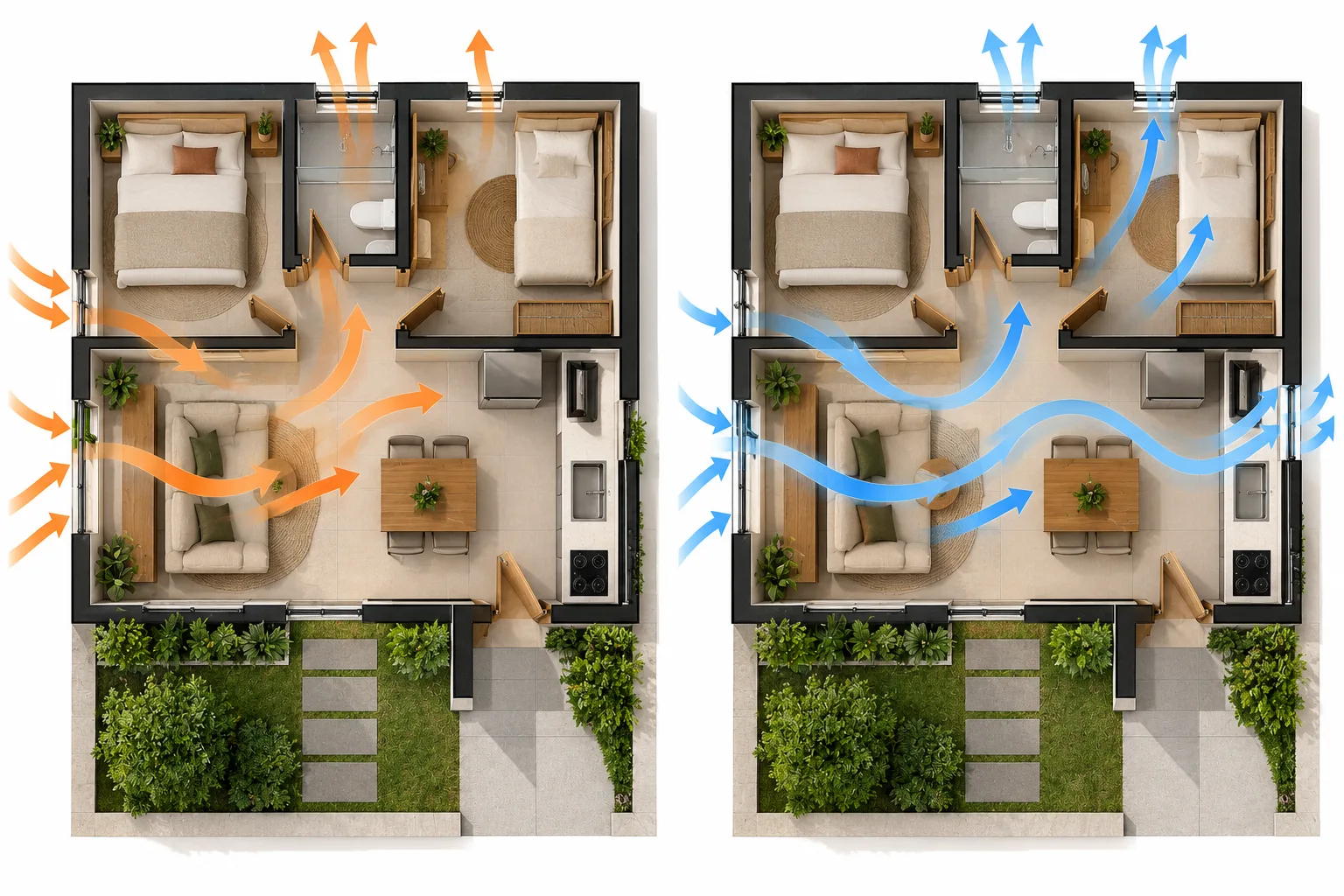 6 escolhas que parecem refrescar a casa, mas podem aumentar o calor 4 Plantas comparativas mostrando entrada de ar externo mais quente e ventilação com ar externo mais ameno.