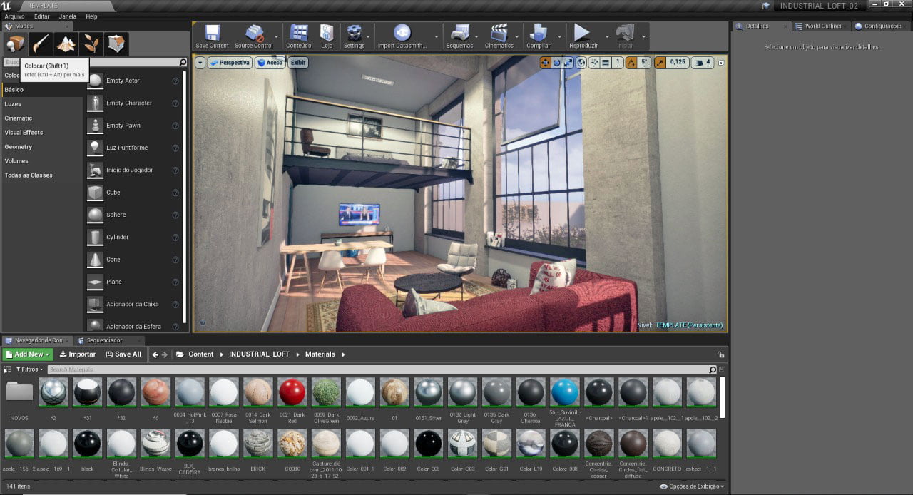 tela da unreal engine com projeto de uma sala