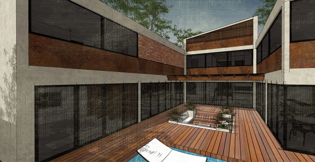Projeto residencial em 3D apresentado no curso de SketchUp Visualização tridimensional de residência com pátio, deck de madeira, concreto aparente e grandes aberturas