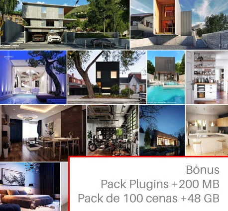 Bônus do curso de SketchUp com pacotes de plugins e cenas Montagem com exemplos de projetos 3D e identificação dos bônus: pacote de plugins e 100 cenas para SketchUp