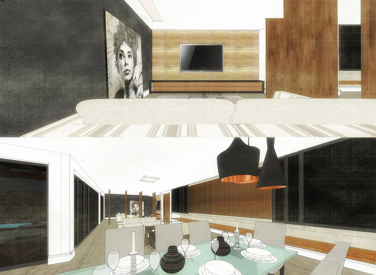 Modelagem de interiores e mobiliário no SketchUp Duas perspectivas de ambientes internos em 3D: sala com sofá e painel de televisão e espaço de jantar com mesa, cadeiras e pendentes